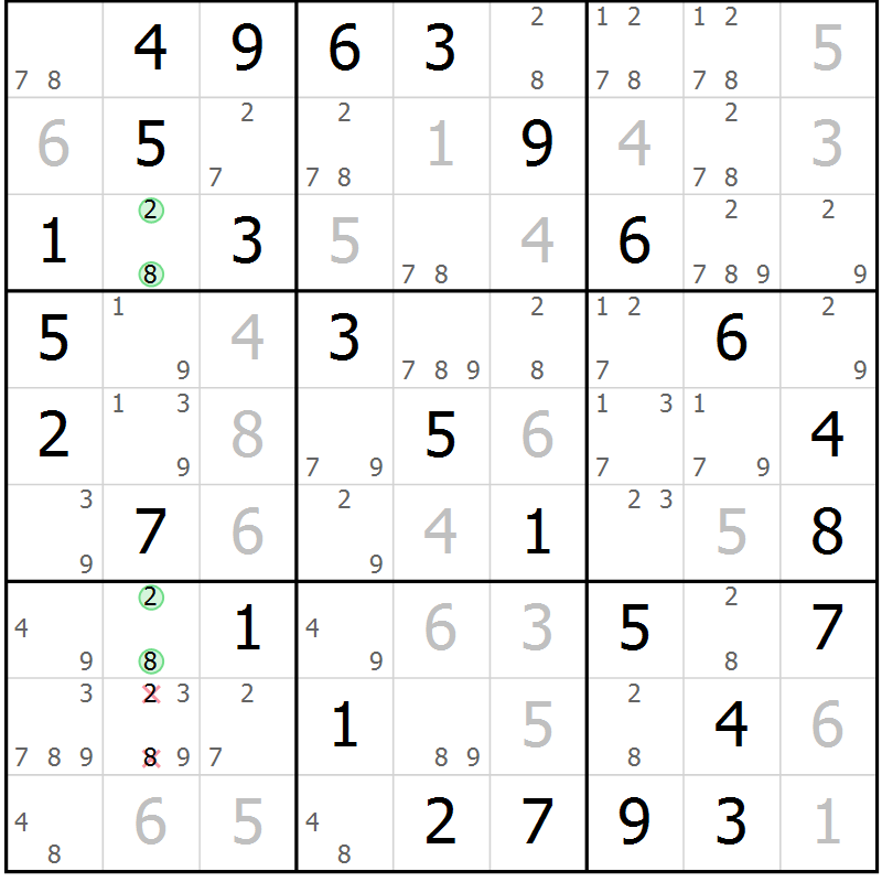Position des candidats pour la solution de la Gr 43 page 46 du magazine de sudoku Virtuose n° 109