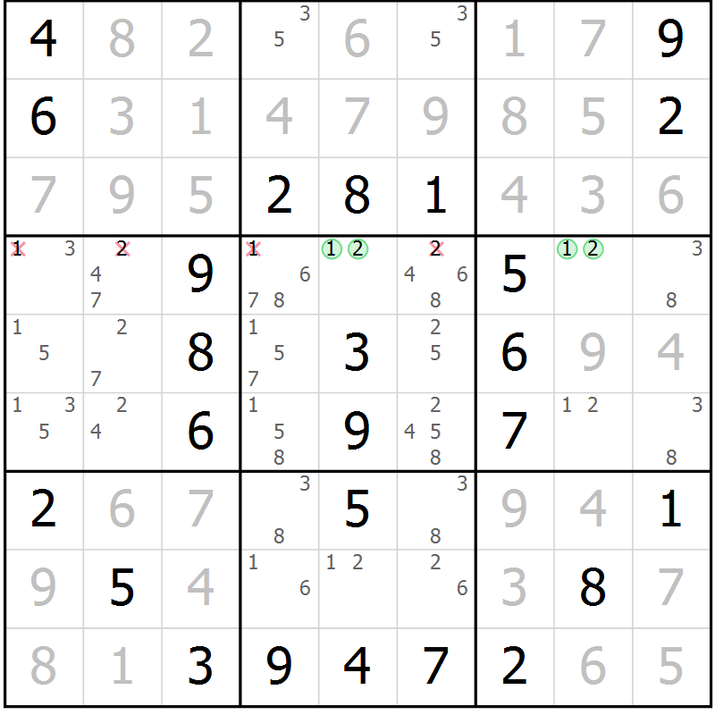 Position des candidats pour la solution de la Gr 44 page 47 du magazine de sudoku Virtuose n° 109