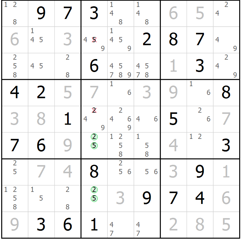 Position des candidats pour la solution de la Gr 45 page 48 du magazine de sudoku Virtuose n° 109