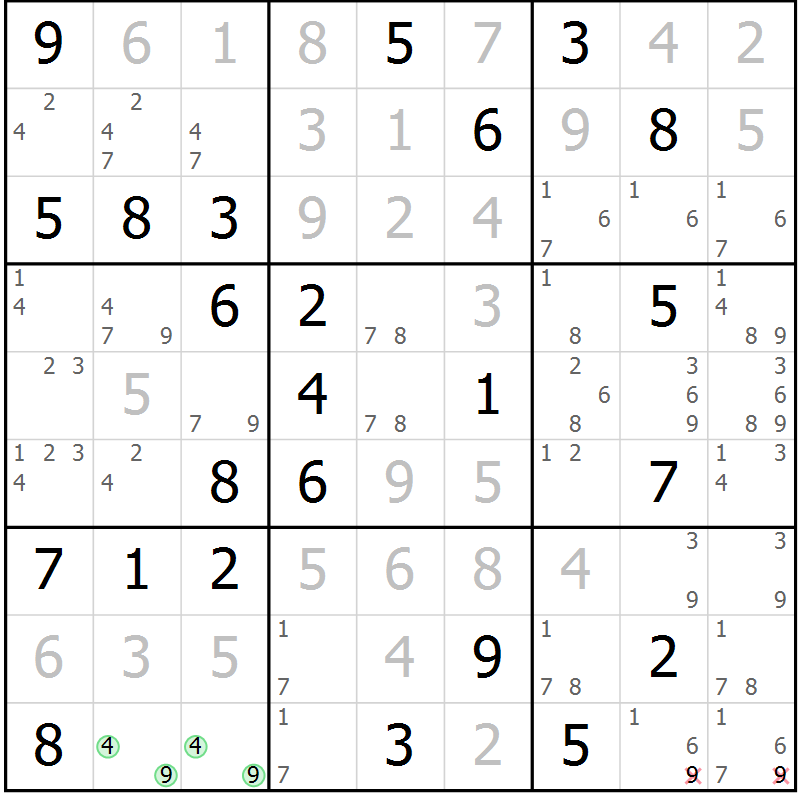 Position des candidats pour la solution de la Gr 47 page 50 du magazine de sudoku Virtuose n° 109