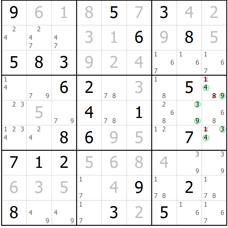 Position des candidats pour la solution de la Gr 47 page 50 du magazine de sudoku Virtuose n° 109