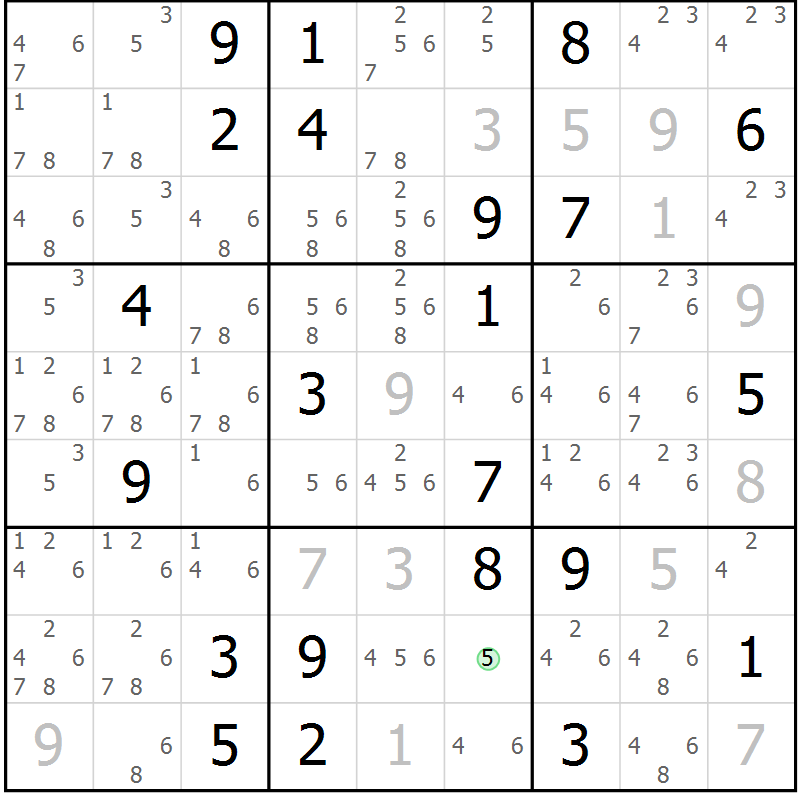 Position des candidats pour la solution de la Gr 5 page 8 du magazine de sudoku Virtuose n° 109