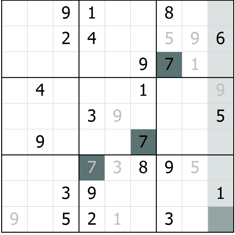Position des candidats pour la solution de la Gr 5 page 8 du magazine de sudoku Virtuose n° 109