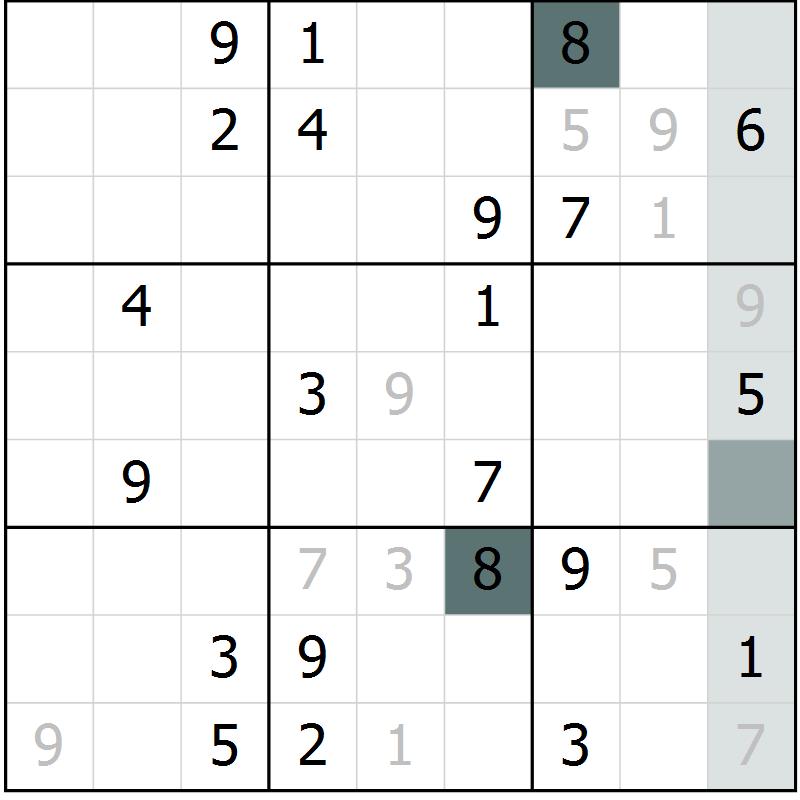 Position des candidats pour la solution de la Gr 5 page 8 du magazine de sudoku Virtuose n° 109