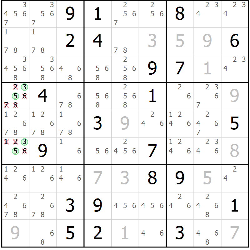 Position des candidats pour la solution de la Gr 5 page 8 du magazine de sudoku Virtuose n° 109
