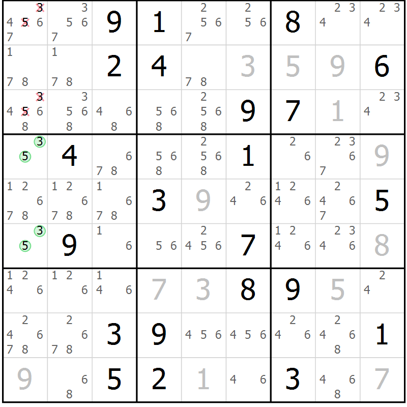 Position des candidats pour la solution de la Gr 5 page 8 du magazine de sudoku Virtuose n° 109