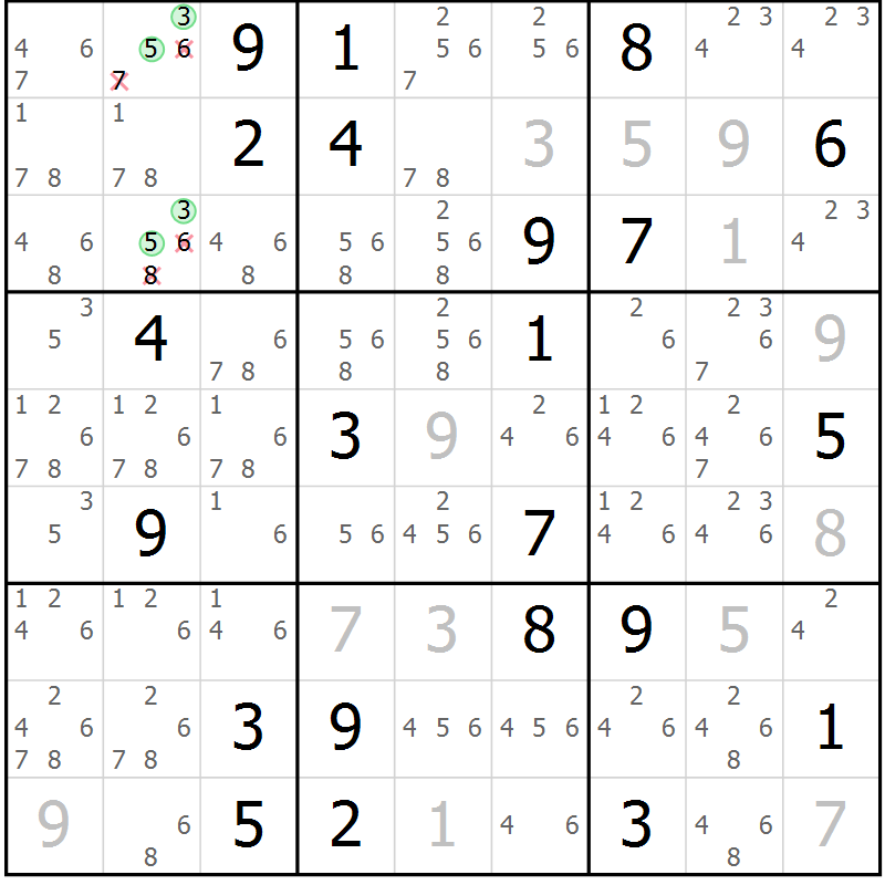 Position des candidats pour la solution de la Gr 5 page 8 du magazine de sudoku Virtuose n° 109