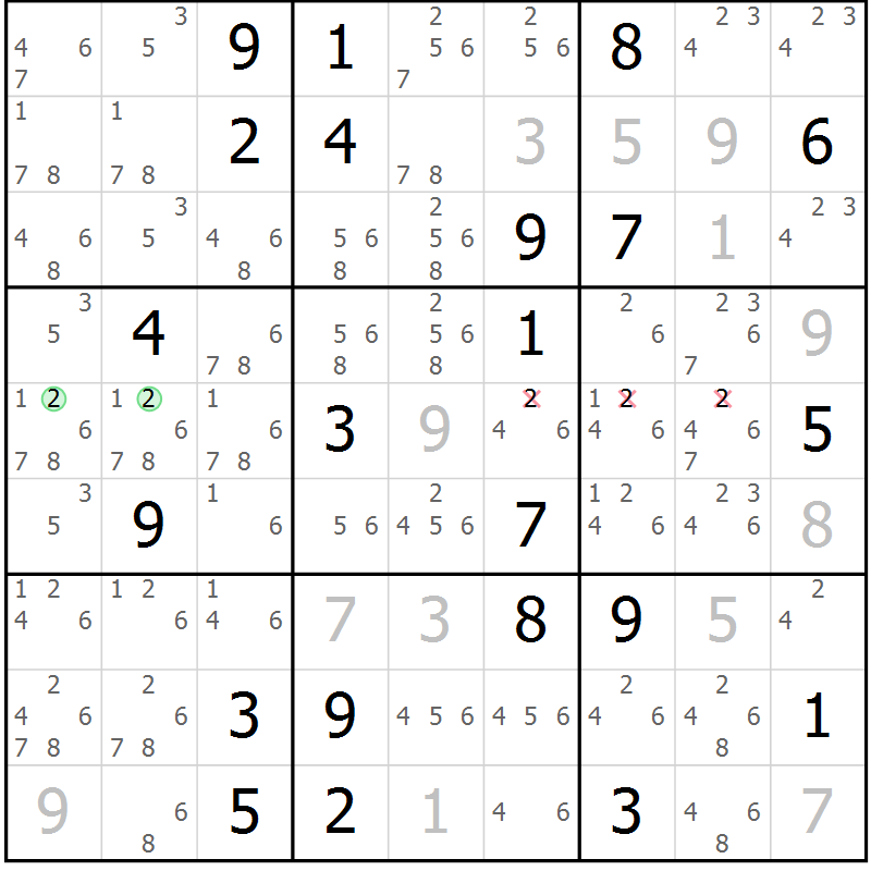 Position des candidats pour la solution de la Gr 5 page 8 du magazine de sudoku Virtuose n° 109
