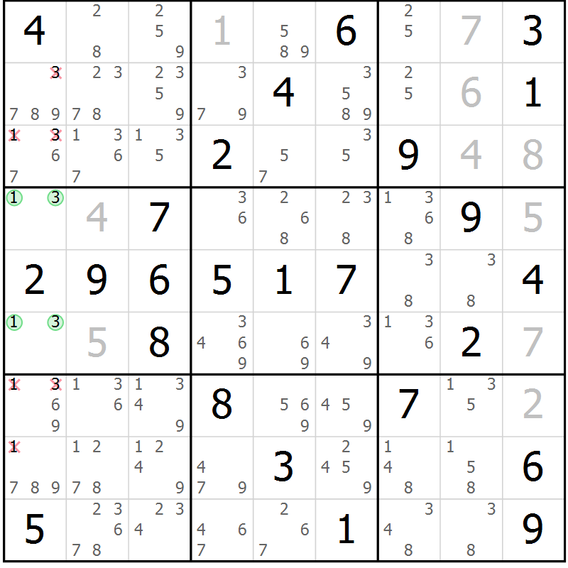 Position des candidats pour la solution de la Gr 50 page 53 du magazine de sudoku Virtuose n° 109
