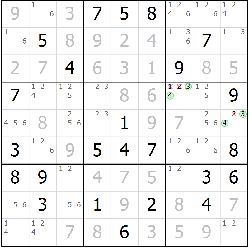 Position des candidats pour la solution de la Gr 52 page 55 du magazine de sudoku Virtuose n° 109
