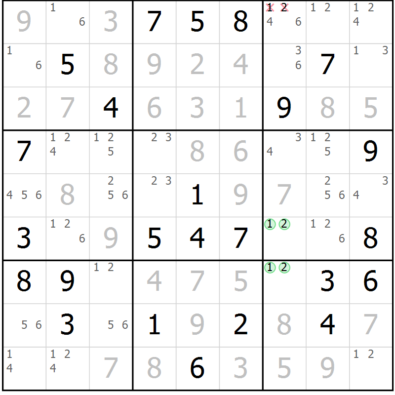 Position des candidats pour la solution de la Gr 52 page 55 du magazine de sudoku Virtuose n° 109