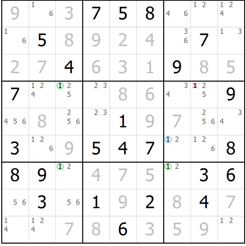 Position des candidats pour la solution de la Gr 52 page 55 du magazine de sudoku Virtuose n° 109