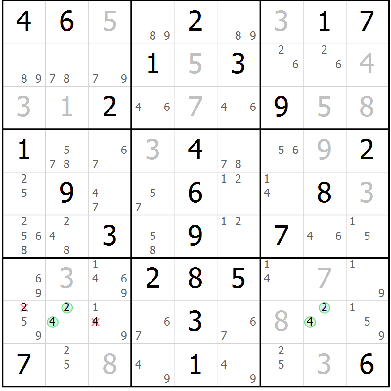 Position des candidats pour la solution de la Gr 53 page 56 du magazine de sudoku Virtuose n° 109