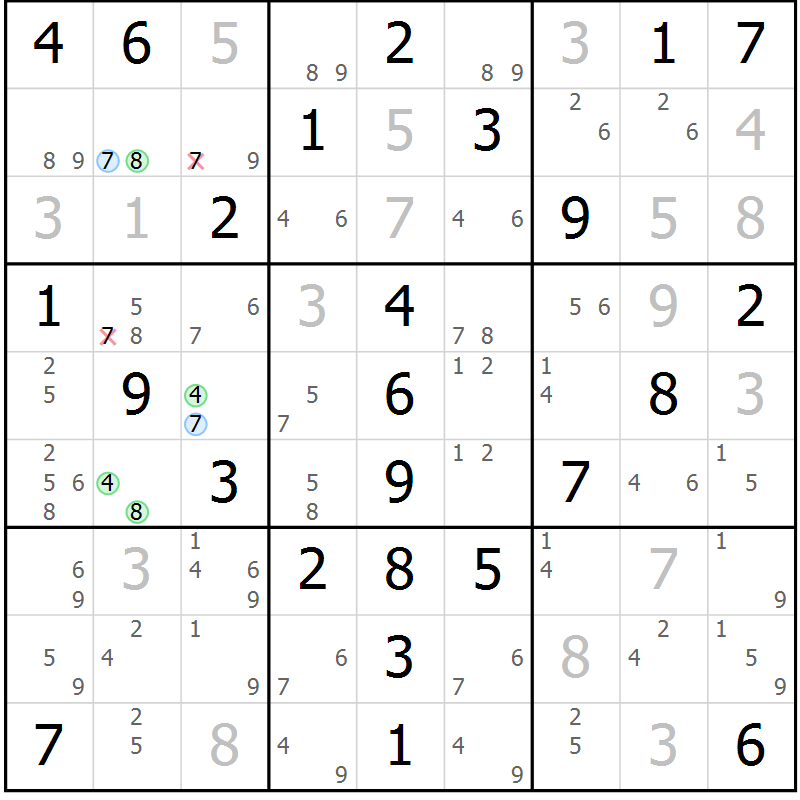 Position des candidats pour la solution de la Gr 53 page 56 du magazine de sudoku Virtuose n° 109