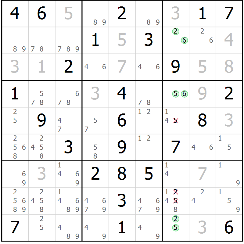 Position des candidats pour la solution de la Gr 53 page 56 du magazine de sudoku Virtuose n° 109