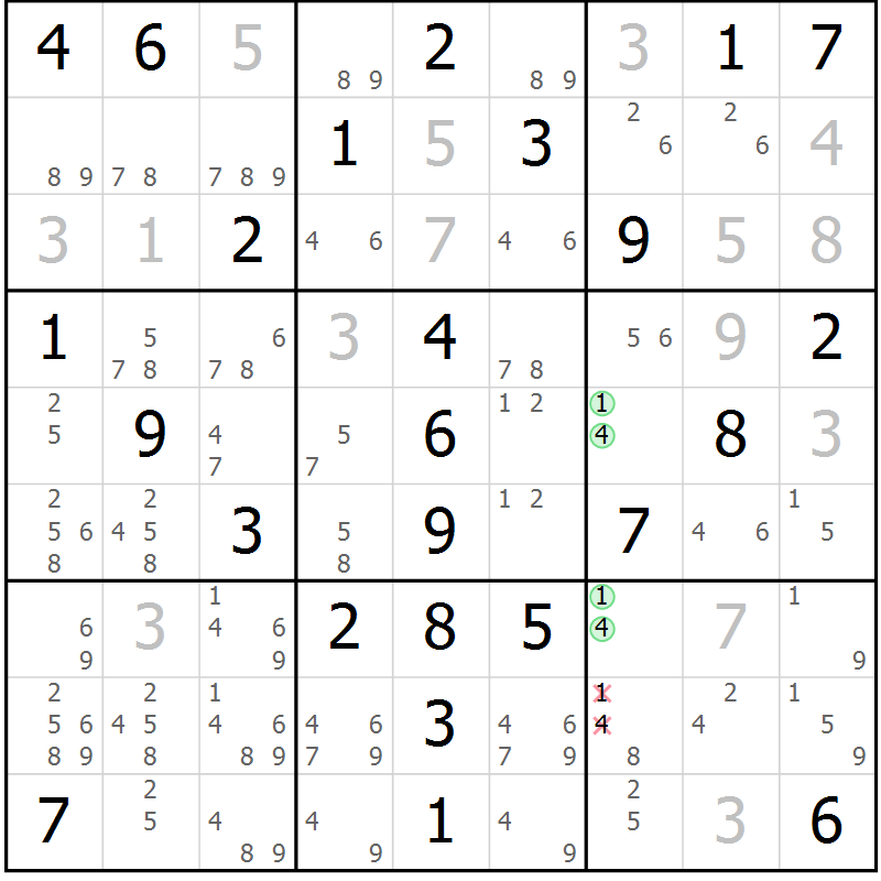 Position des candidats pour la solution de la Gr 53 page 56 du magazine de sudoku Virtuose n° 109