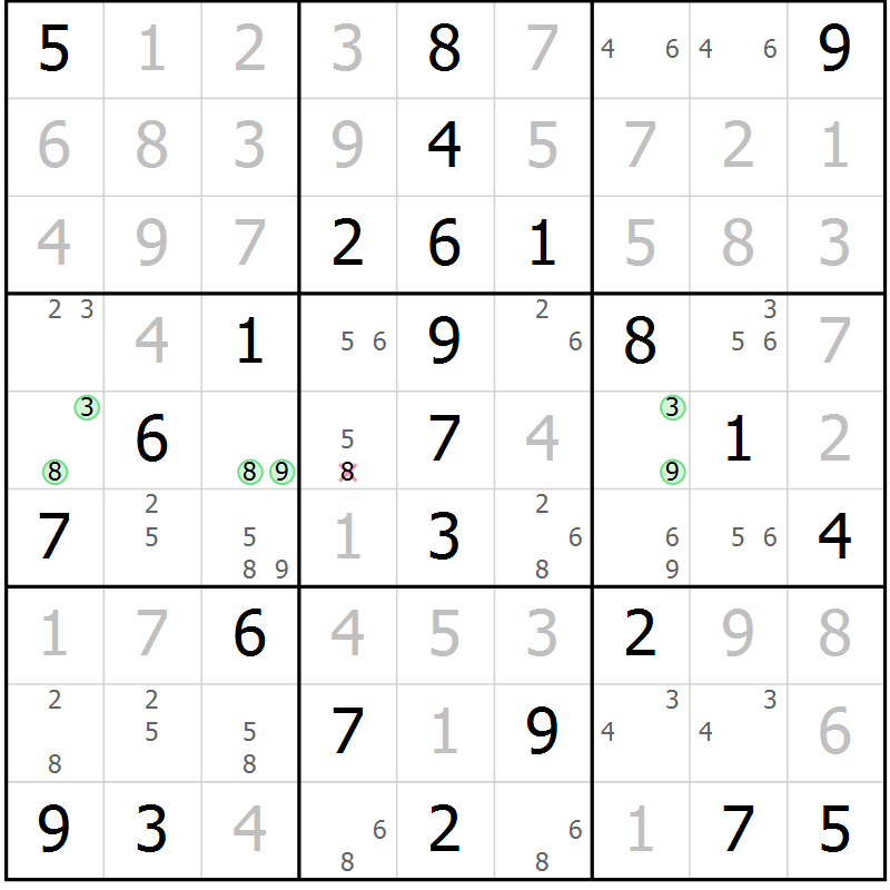 Position des candidats pour la solution de la Gr 54 page 57 du magazine de sudoku Virtuose n° 109