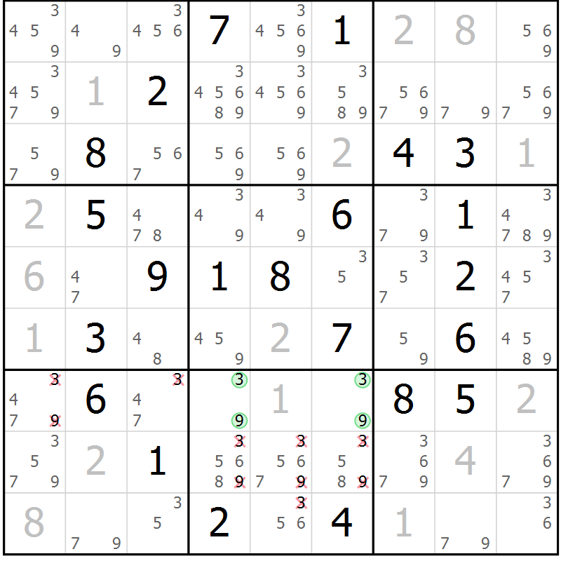 Position des candidats pour la solution de la Gr 55 page 58 du magazine de sudoku Virtuose n° 109
