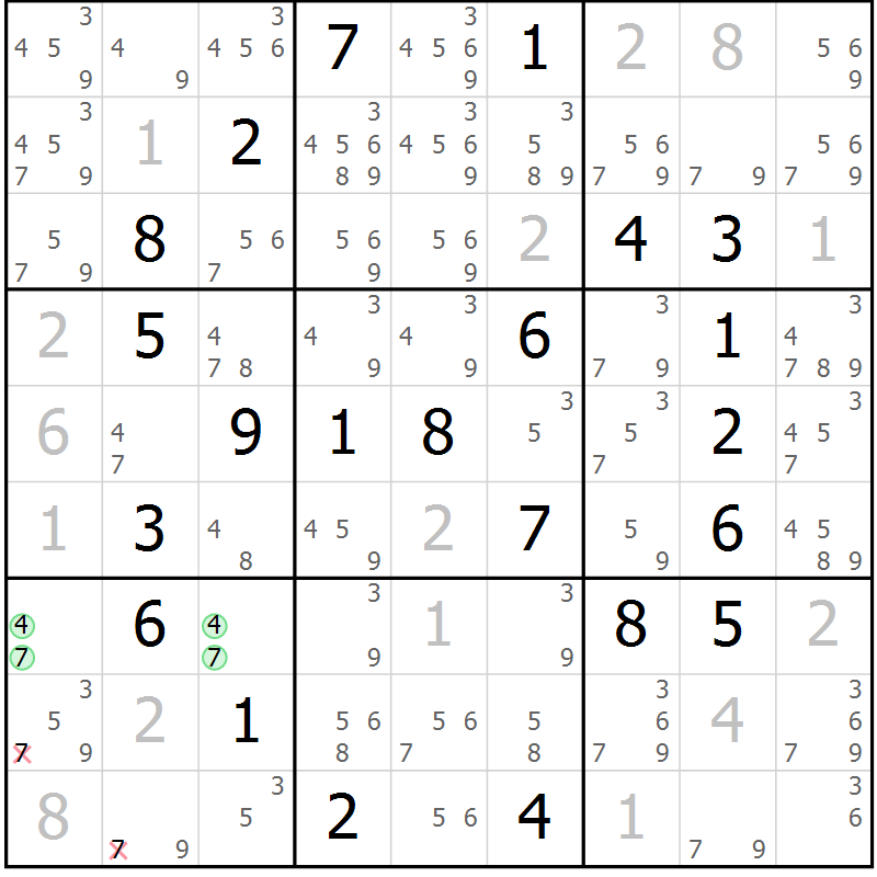 Position des candidats pour la solution de la Gr 55 page 58 du magazine de sudoku Virtuose n° 109
