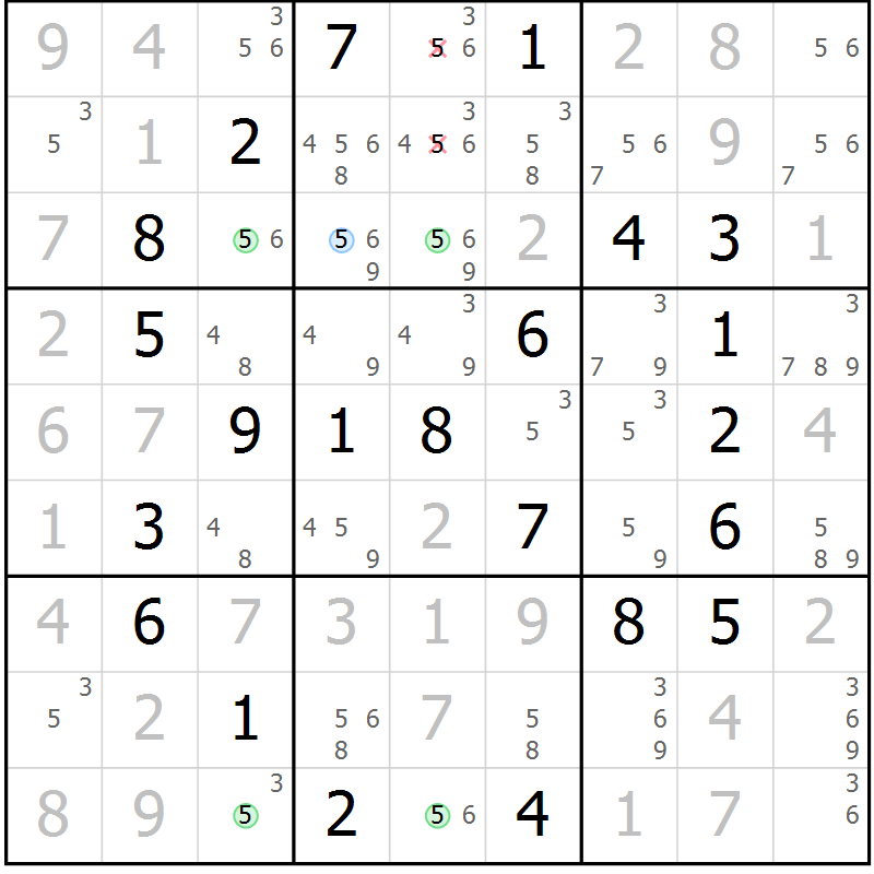 Position des candidats pour la solution de la Gr 55 page 58 du magazine de sudoku Virtuose n° 109