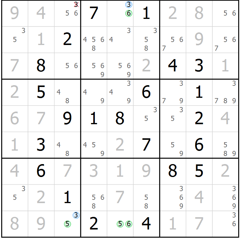 Position des candidats pour la solution de la Gr 55 page 58 du magazine de sudoku Virtuose n° 109