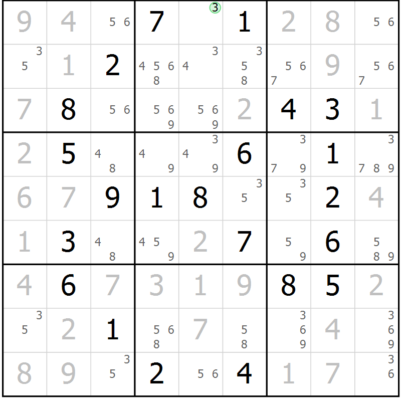 Position des candidats pour la solution de la Gr 55 page 58 du magazine de sudoku Virtuose n° 109