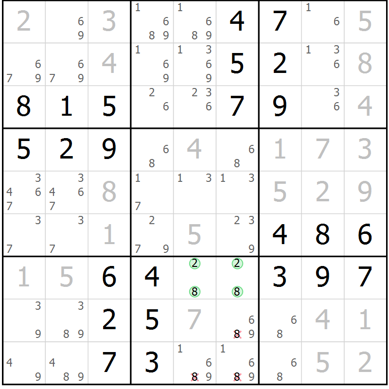 Position des candidats pour la solution de la Gr 56 page 59 du magazine de sudoku Virtuose n° 109