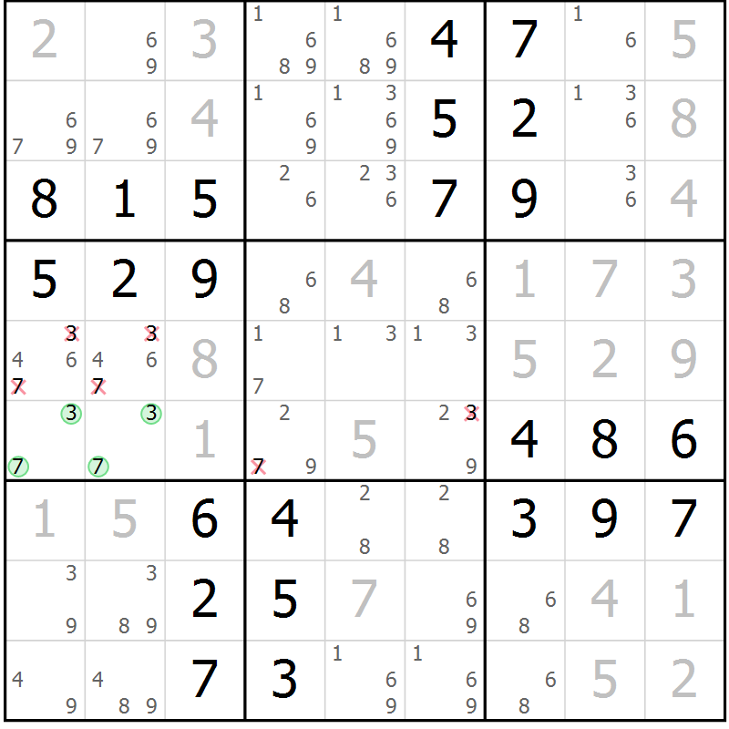 Position des candidats pour la solution de la Gr 56 page 59 du magazine de sudoku Virtuose n° 109