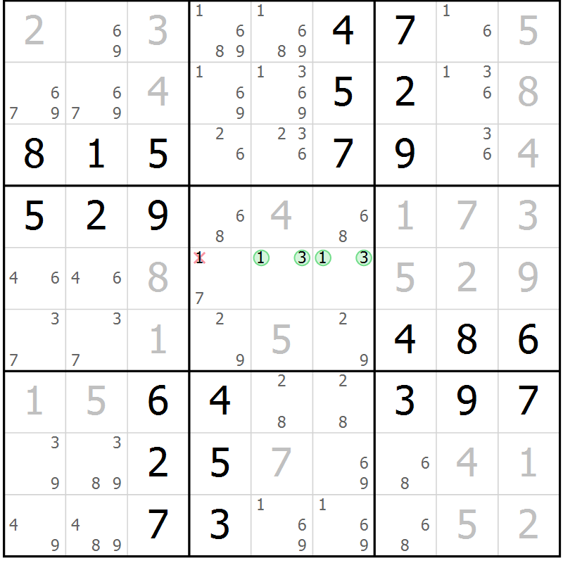 Position des candidats pour la solution de la Gr 56 page 59 du magazine de sudoku Virtuose n° 109