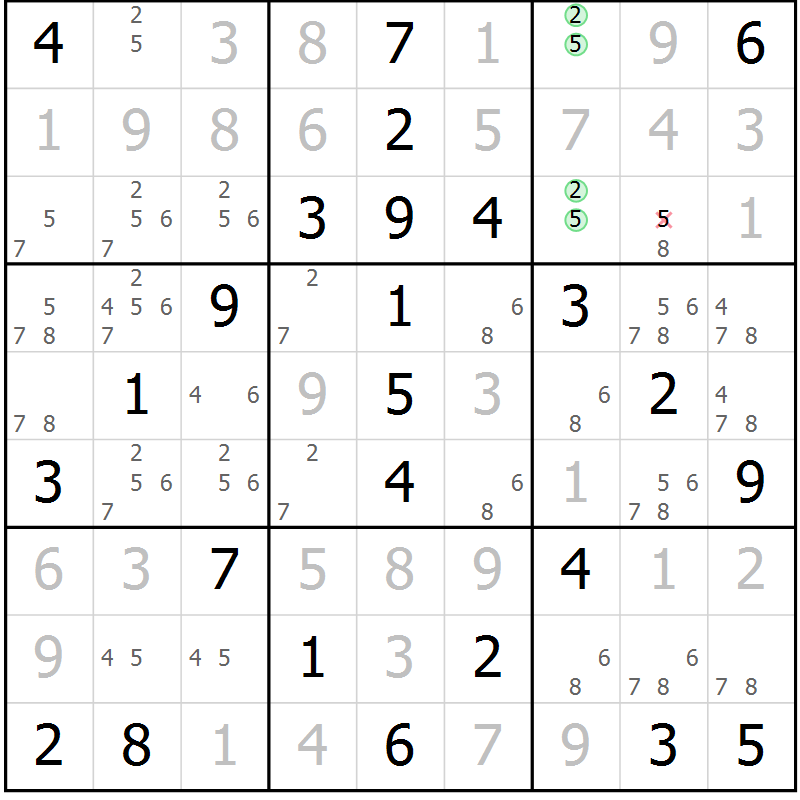 Position des candidats pour la solution de la Gr 57 page 60 du magazine de sudoku Virtuose n° 109