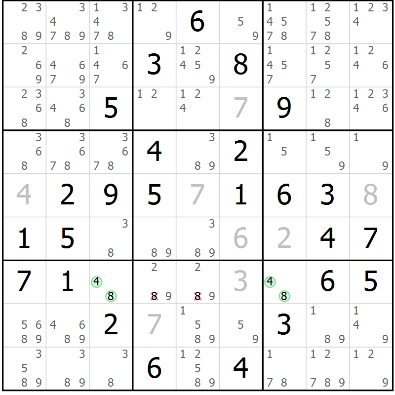 Position des candidats pour la solution de la Gr 58 page 61 du magazine de sudoku Virtuose n° 109