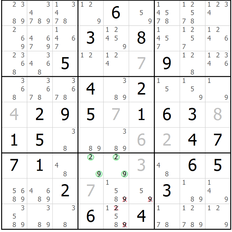 Position des candidats pour la solution de la Gr 58 page 61 du magazine de sudoku Virtuose n° 109