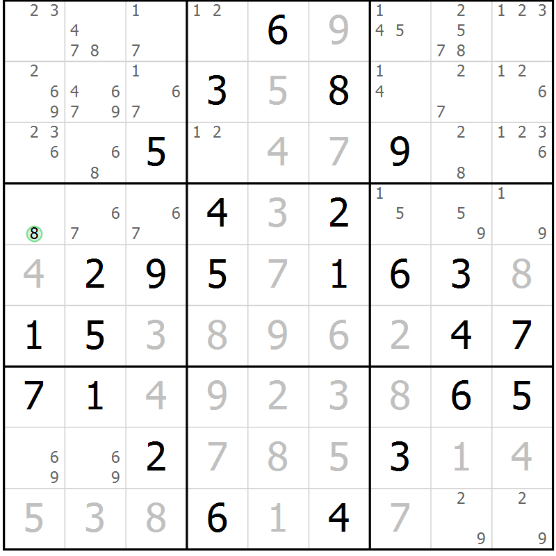 Position des candidats pour la solution de la Gr 58 page 61 du magazine de sudoku Virtuose n° 109