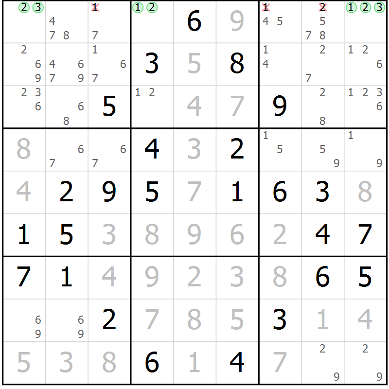 Position des candidats pour la solution de la Gr 58 page 61 du magazine de sudoku Virtuose n° 109