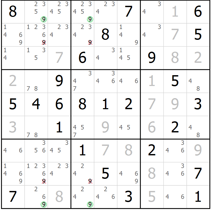 Position des candidats pour la solution de la Gr 59 page 62 du magazine de sudoku Virtuose n° 109