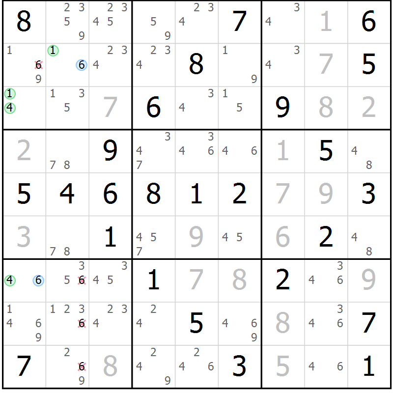 Position des candidats pour la solution de la Gr 59 page 62 du magazine de sudoku Virtuose n° 109