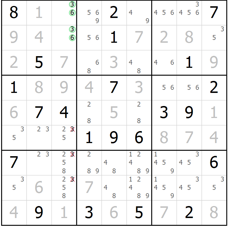 Position des candidats pour la solution de la Gr 6 page 9 du magazine de sudoku Virtuose n° 109