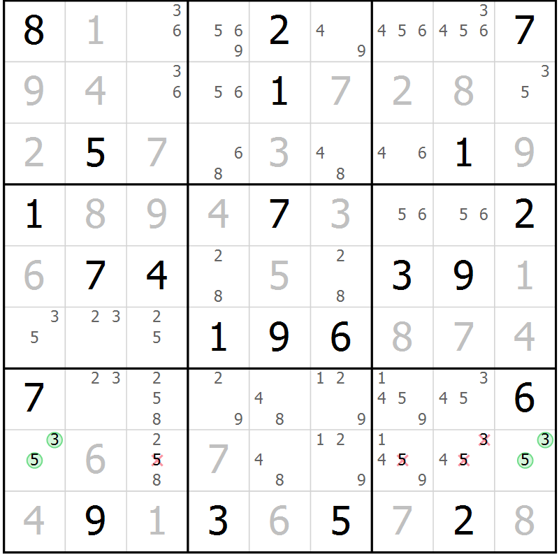 Position des candidats pour la solution de la Gr 6 page 9 du magazine de sudoku Virtuose n° 109