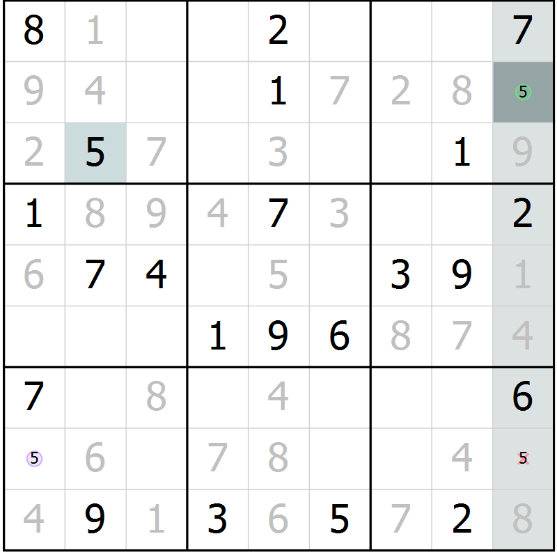 Position des candidats pour la solution de la Gr 6 page 9 du magazine de sudoku Virtuose n° 109