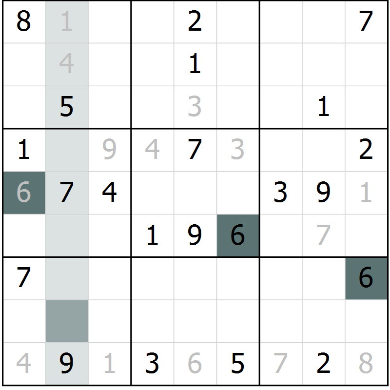 Position des candidats pour la solution de la Gr 6 page 9 du magazine de sudoku Virtuose n° 109