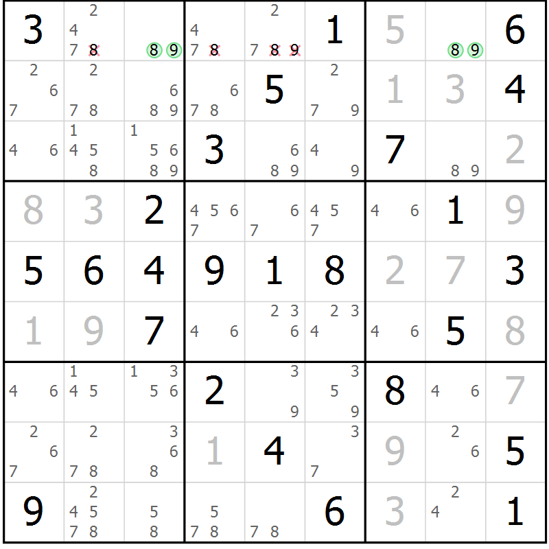 Position des candidats pour la solution de la Gr 60 page 63 du magazine de sudoku Virtuose n° 109