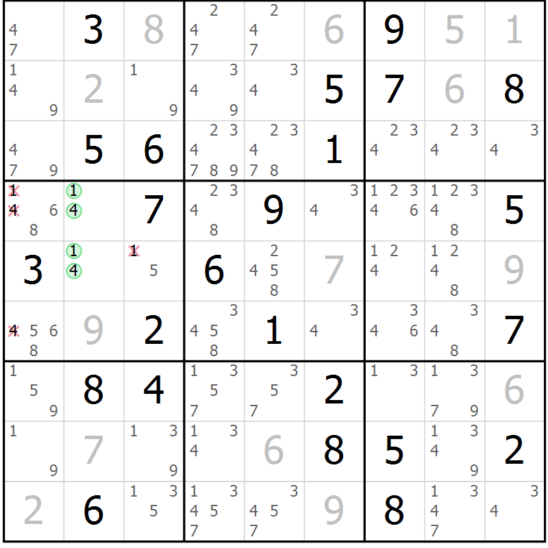 Position des candidats pour la solution de la Gr 62 page 65 du magazine de sudoku Virtuose n° 109