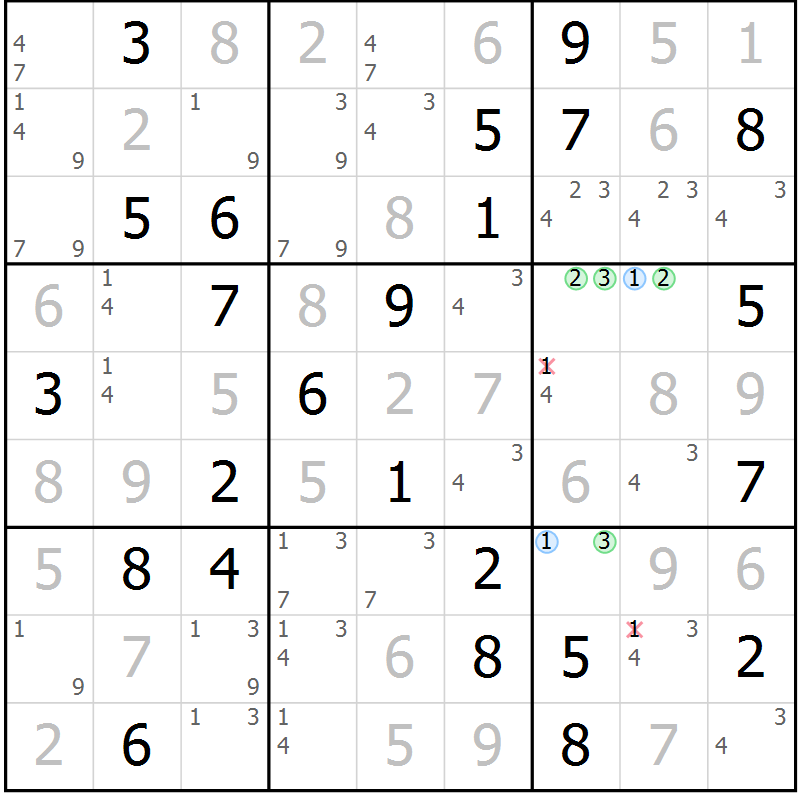 Position des candidats pour la solution de la Gr 62 page 65 du magazine de sudoku Virtuose n° 109