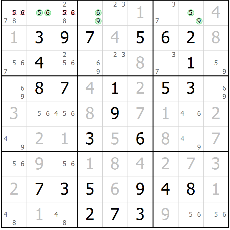 Position des candidats pour la solution de la Gr 63 page 66 du magazine de sudoku Virtuose n° 109