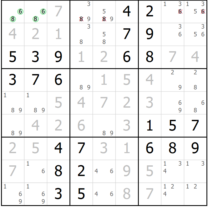 Position des candidats pour la solution de la Gr 65 page 68 du magazine de sudoku Virtuose n° 109