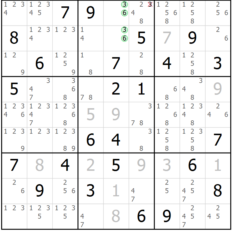 Position des candidats pour la solution de la Gr 69 page 72 du magazine de sudoku Virtuose n° 109
