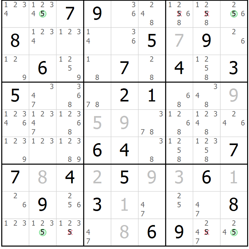 Position des candidats pour la solution de la Gr 69 page 72 du magazine de sudoku Virtuose n° 109