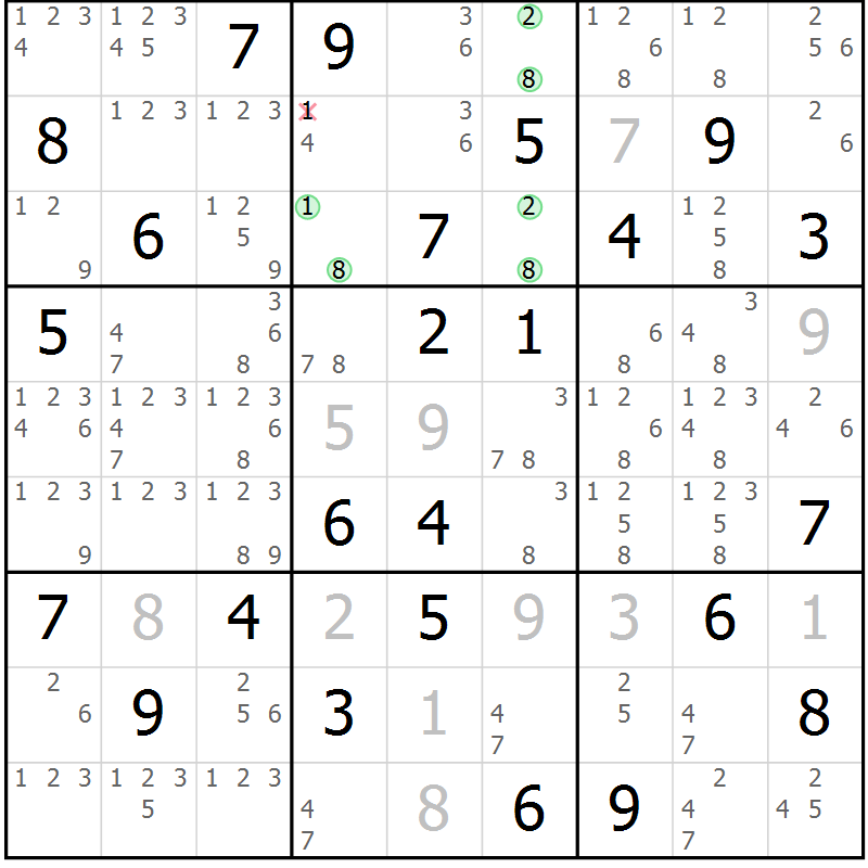 Position des candidats pour la solution de la Gr 69 page 72 du magazine de sudoku Virtuose n° 109