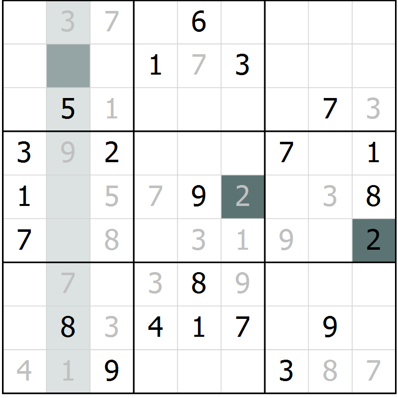 Position des candidats pour la solution de la Gr 7 page 10 du magazine de sudoku Virtuose n° 109