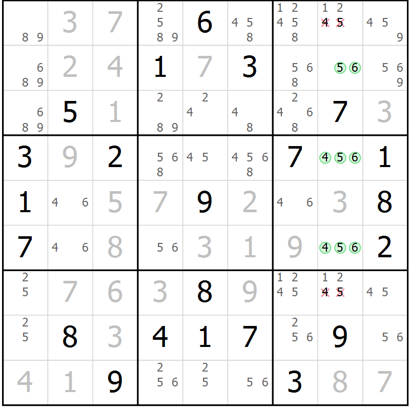 Position des candidats pour la solution de la Gr 7 page 10 du magazine de sudoku Virtuose n° 109